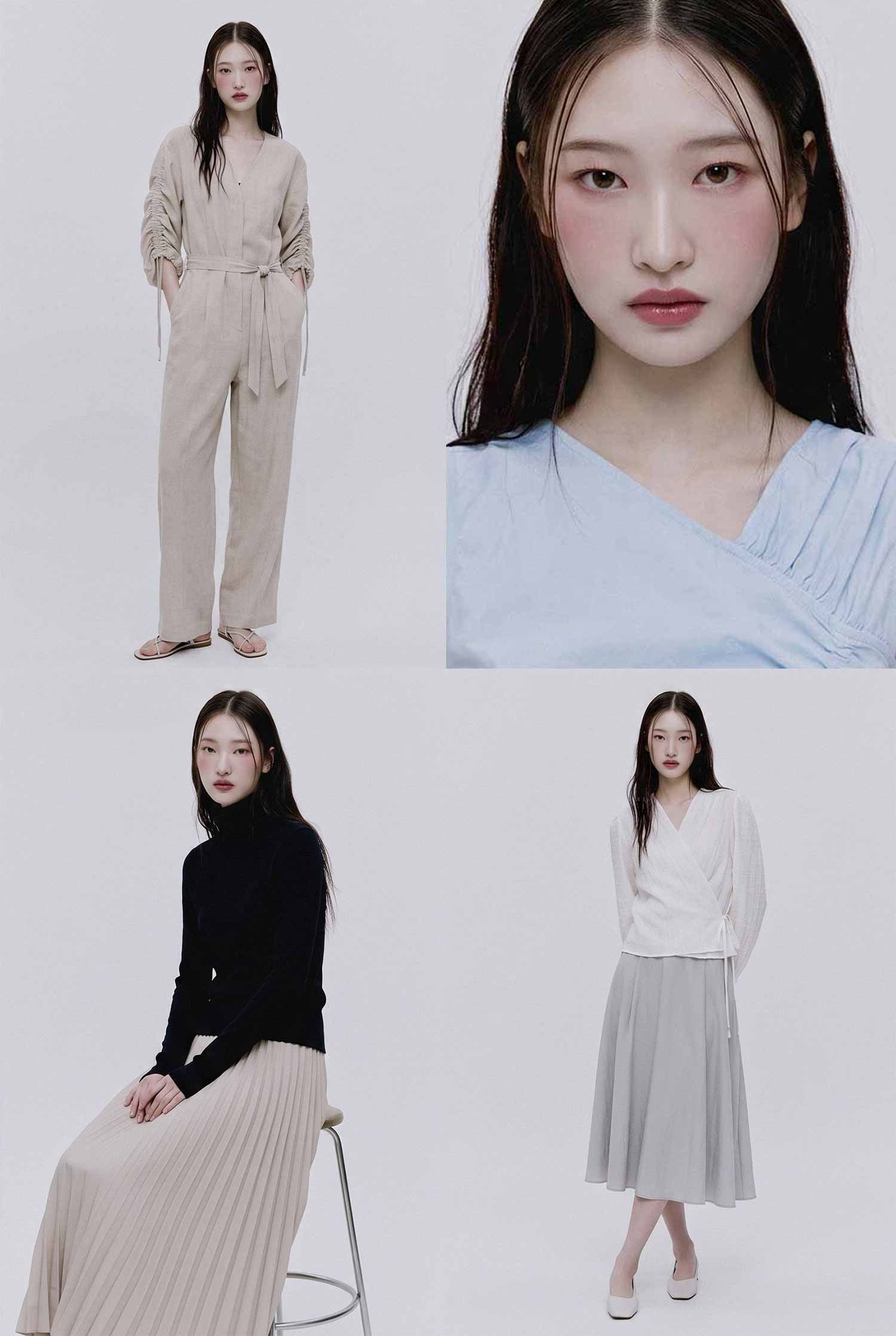 한국어 Alt Text 화이트 호리존 스튜디오 배경에서 베이지 린넨 점프수트, 파스텔 블루 셔링 탑, 블랙 터틀넥과 플리츠 스커트를 착용한 여성 모델의 4분할 패션 룩북 화보. phjun.co.kr의 상업 의류 화보 촬영 포트폴리오. 🇺🇸 영어 Alt Text A four-panel fashion lookbook collage featuring a female model showcasing contemporary apparel, including a beige jumpsuit and a light blue ruched top, shot against a clean white studio backdrop by phjun.co.kr.