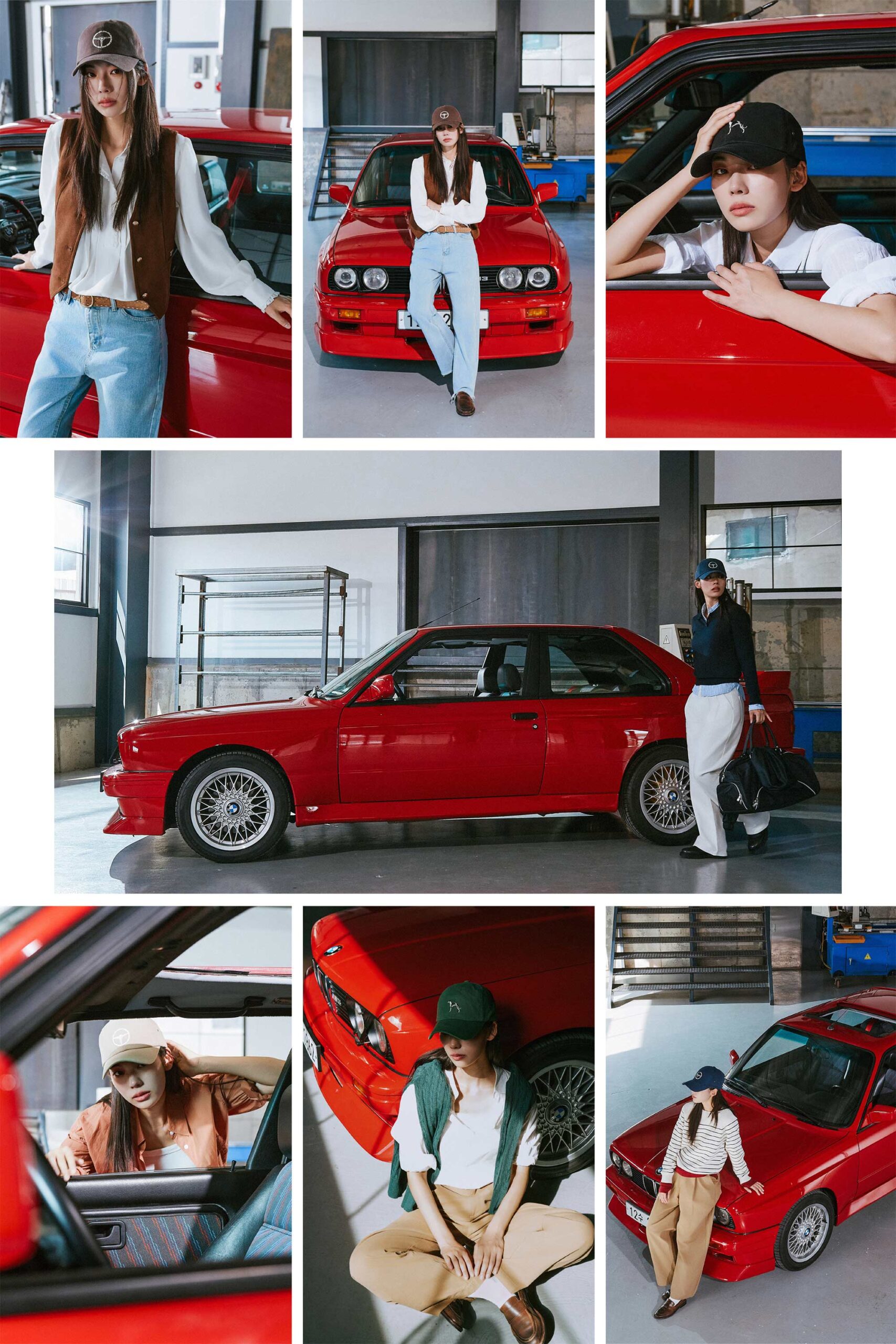 포토그래퍼 김준형이 촬영한 빈티지 레드 BMW 1988 evo2 m3 자동차 배경의 여성 패션 브랜드 룩북 화보로, 볼캡 모자와 캐주얼 아우터, 데님 팬츠를 매치한 모델의 다양한 스타일링이 담긴 포트폴리오 사진 출력.jpg (phjun.co.kr)